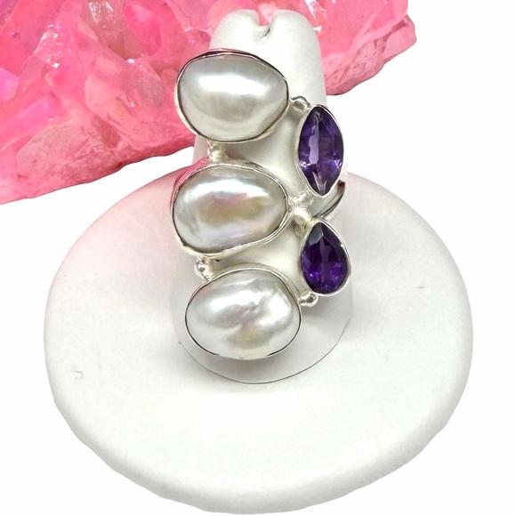 Hand Crafted Jewelry - Genuine Pearl Amethyst Ring Size 8 Solid 925 Sterling Silver
